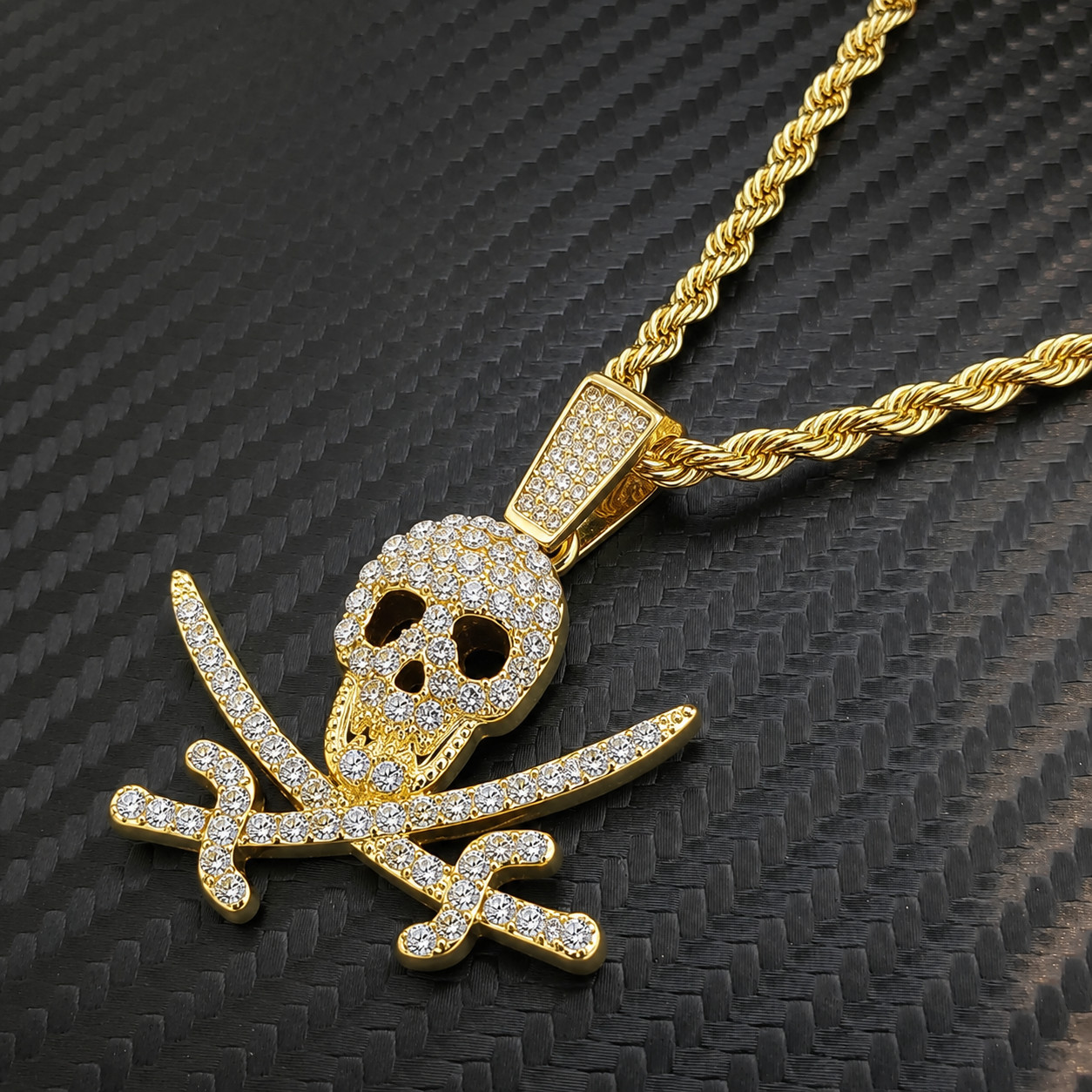 Hip Hop Iced Skull Crossbones Pendant Gold Tone CZ 24in Rope Chain Necklace