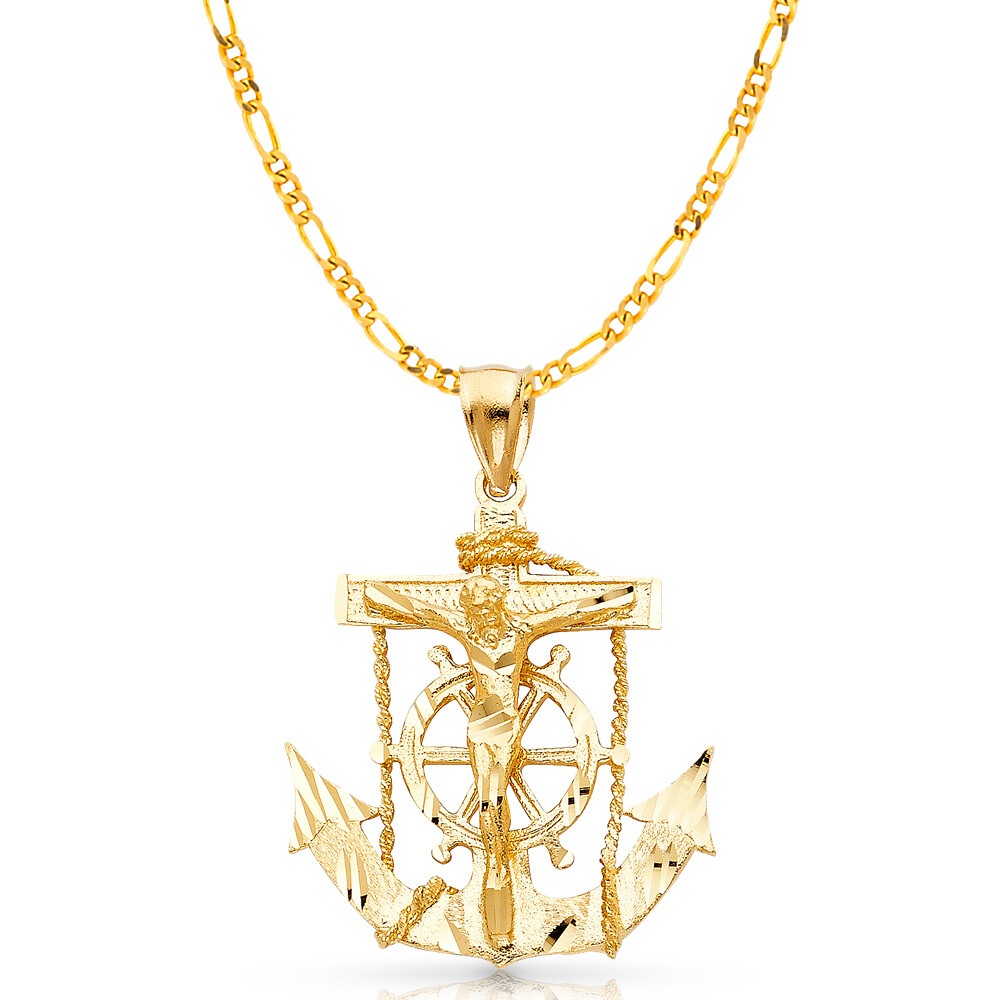 14K Yellow Gold Mariner Crucifix Charm Pendant & 3.8mm Figaro 3+1 Chain Necklace