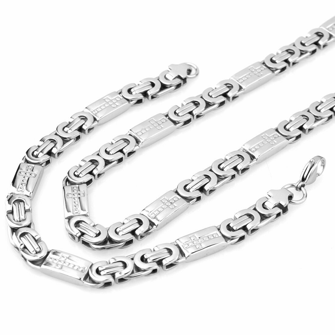 Men Women Silver Stainless Steel Byzantine Chain Necklace Bracelet Jewelry Set