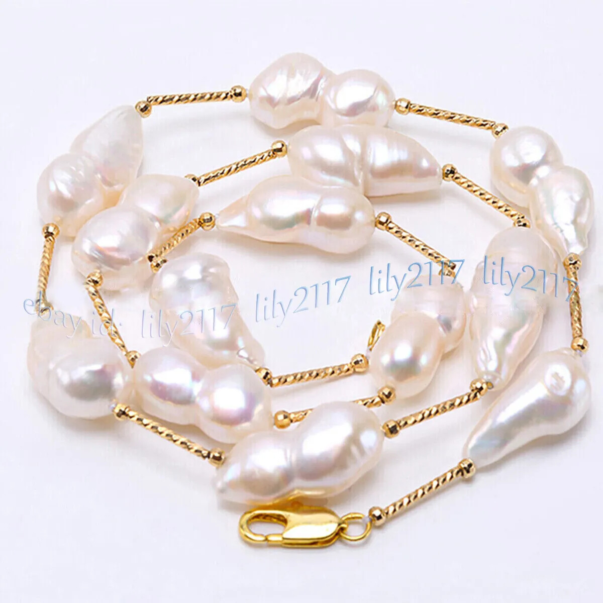 10-18mm Real Natural White Freshwater Baroque Double Pearl Beads Necklace 18-36′