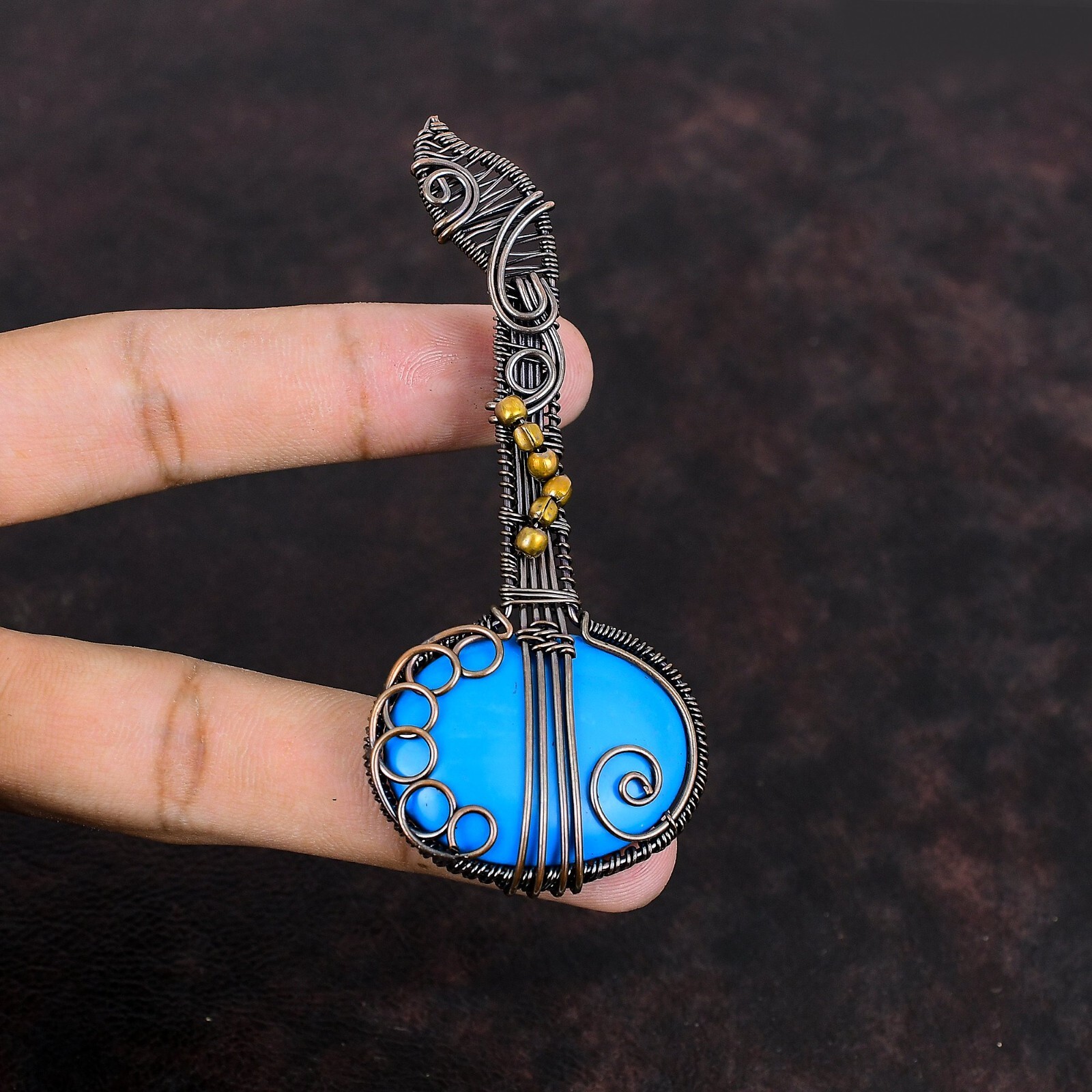 Sleeping Beauty Turquoise Copper Mum Gift Wire Wrapped Guitar Pendant 3.35″