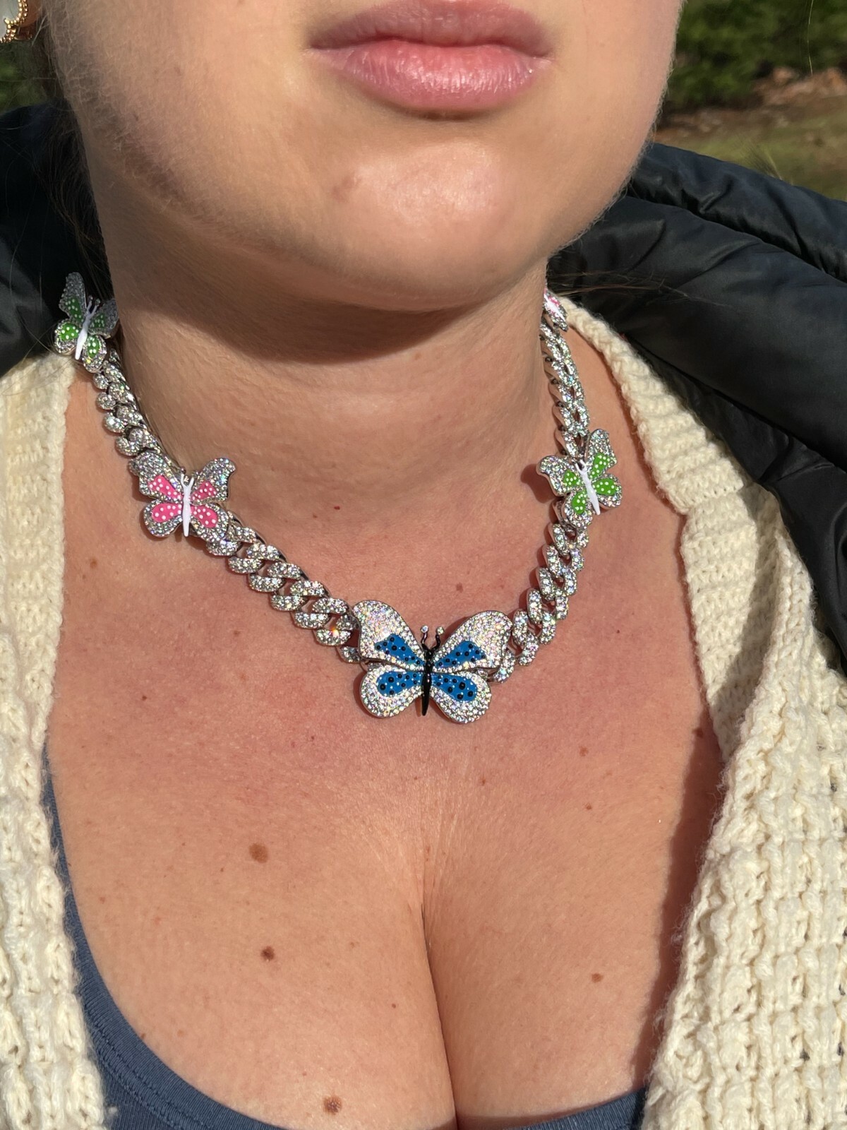 Real Hip Hop 12mm Miami Cuban Chain Choker Necklace Butterfly CZ Silver Choker