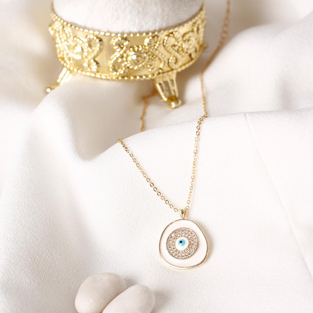 PERGEN 14K Gold-Plated White, Authentic Evil Eye Necklace Summer Minimalist Gift