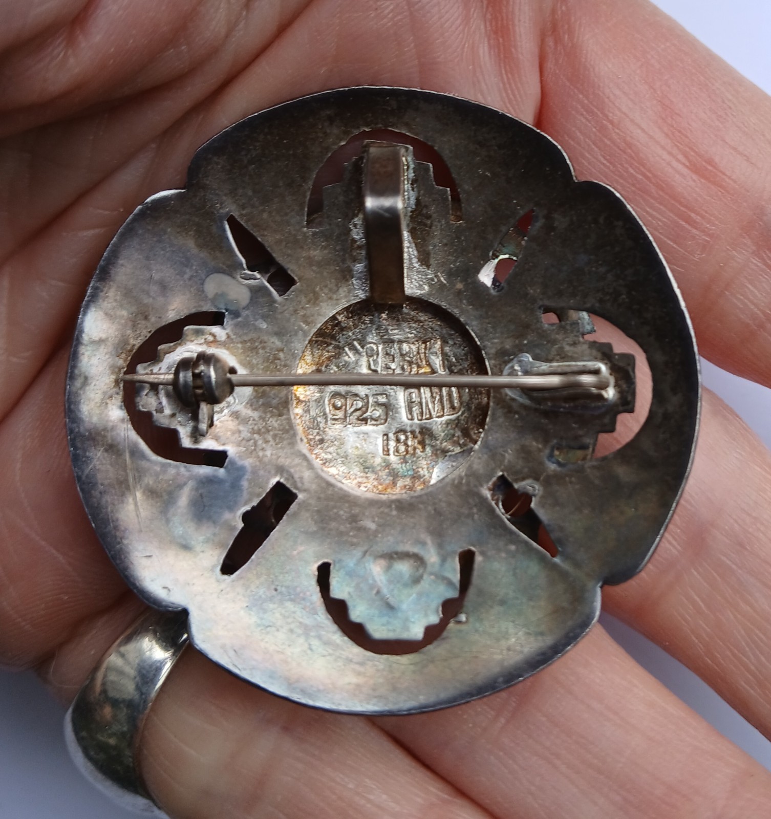 Vintage Peruvian pendant brooch sterling silver 18K gold carat tribal design