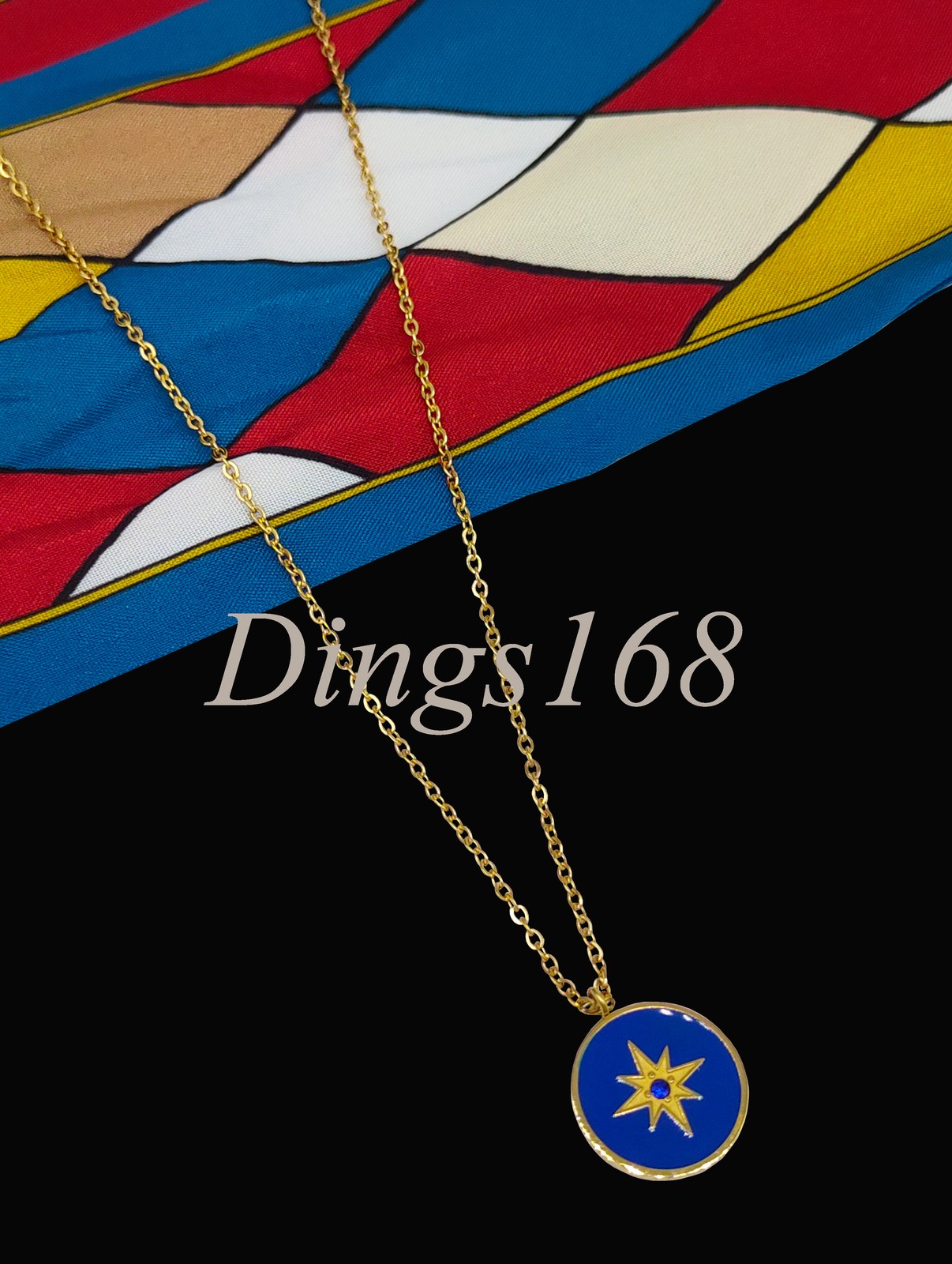 18K Yellow Gold Filled Tarnish-Resistant Necklace+ Blue Simulated Enamel Pendant