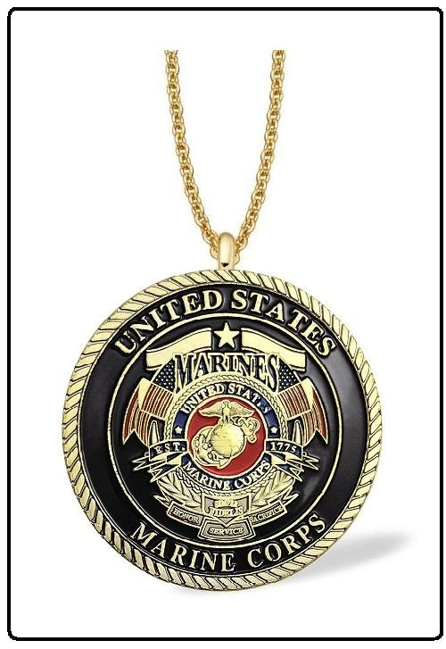 MARINE CORPS Medallion Necklace – 1 5/8″ Gold Steel USMC Challenge Coin Pendant