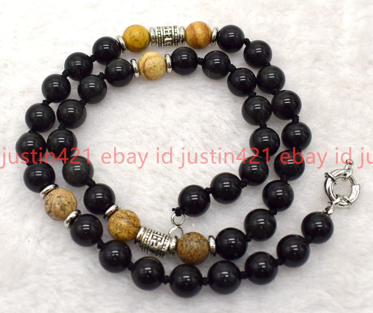 Natural 8mm Black Obsidian Picture Jasper Gemstone Round Beads Necklace 16-28in