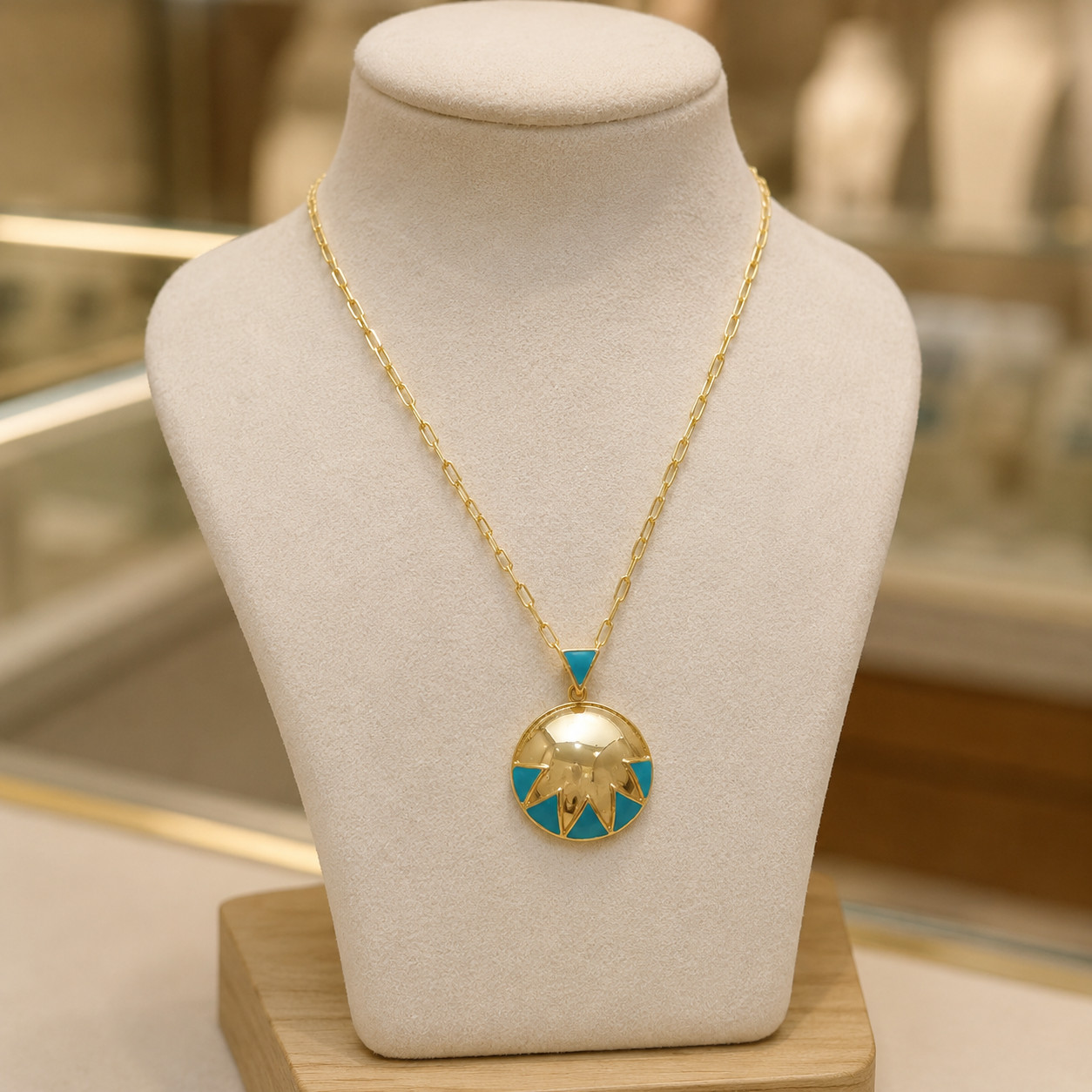 turquoise Enameled Necklace Brass Metal Pendant necklace for gift