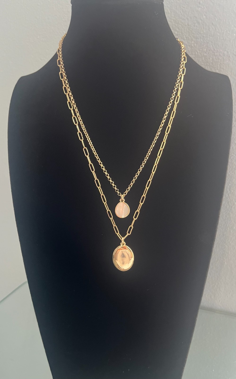 J.Crew Double Strand Layered Necklace Gold Tone Mother of Pearl Disc Coin Signed