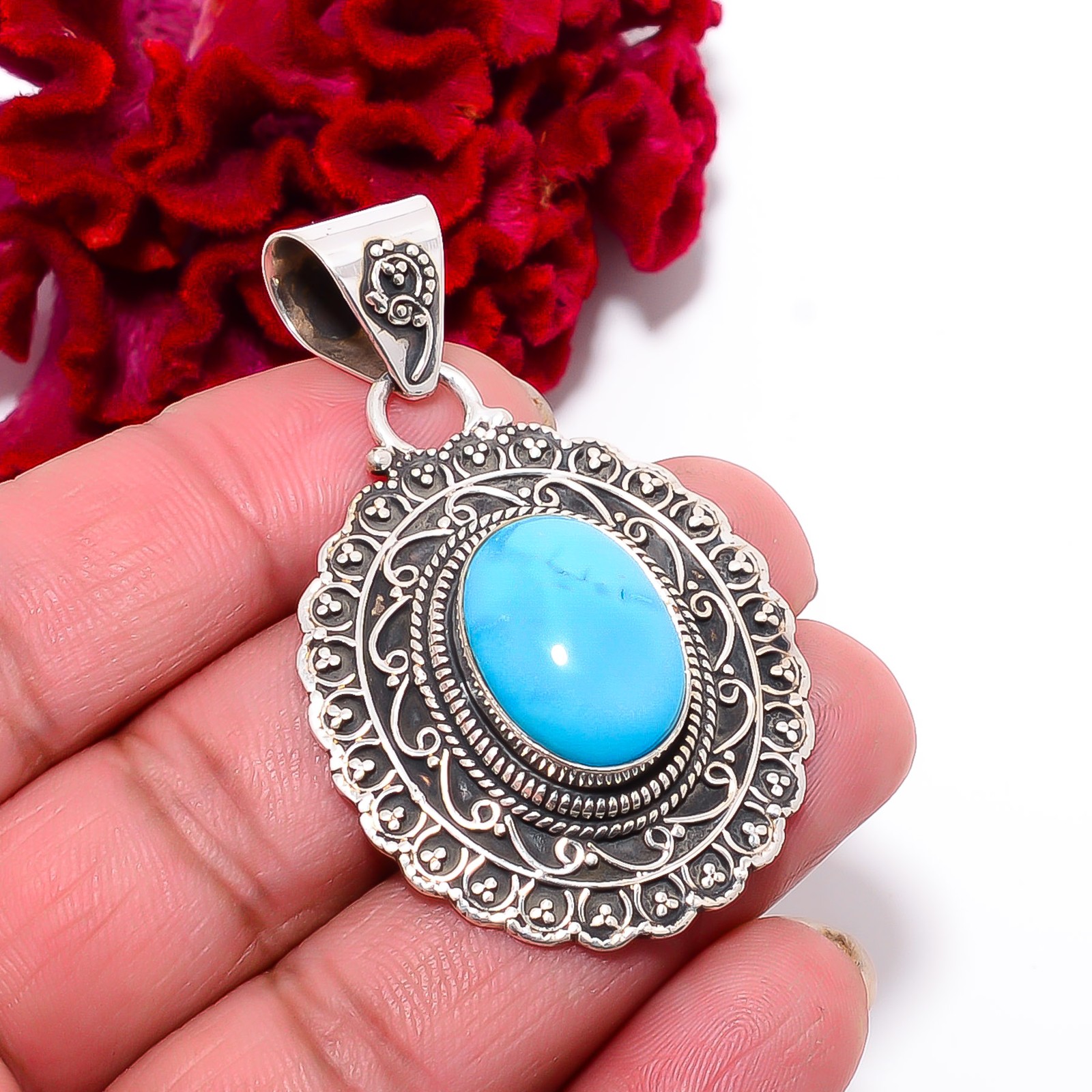 Magnesite Turquoise 925 Sterling Silver Bali Pendant 2.22″ P96155