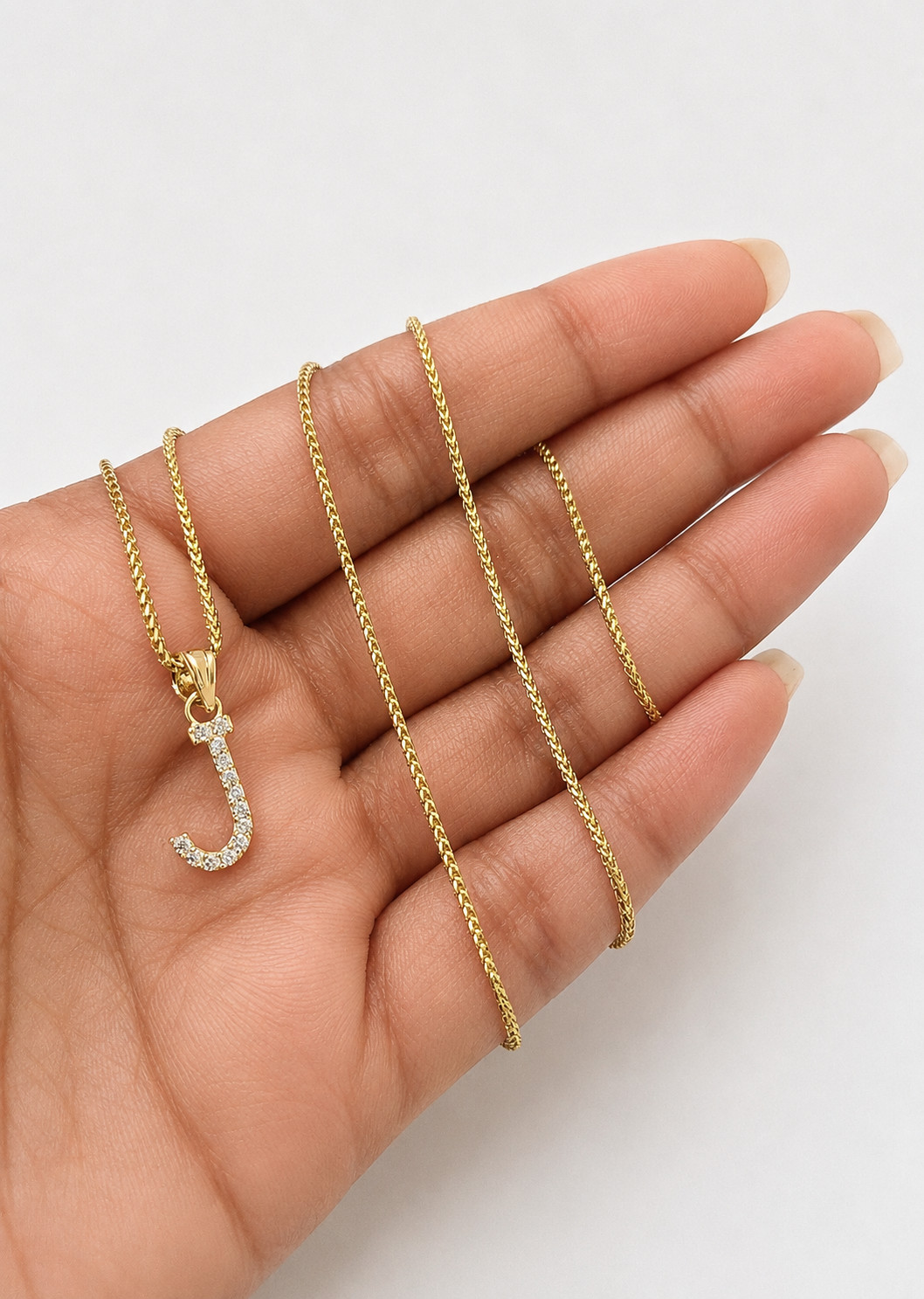 10K Gold Solid Franco Chain J Initial CZ Stone Pendant Set 1mm 16 18 20 22 Women