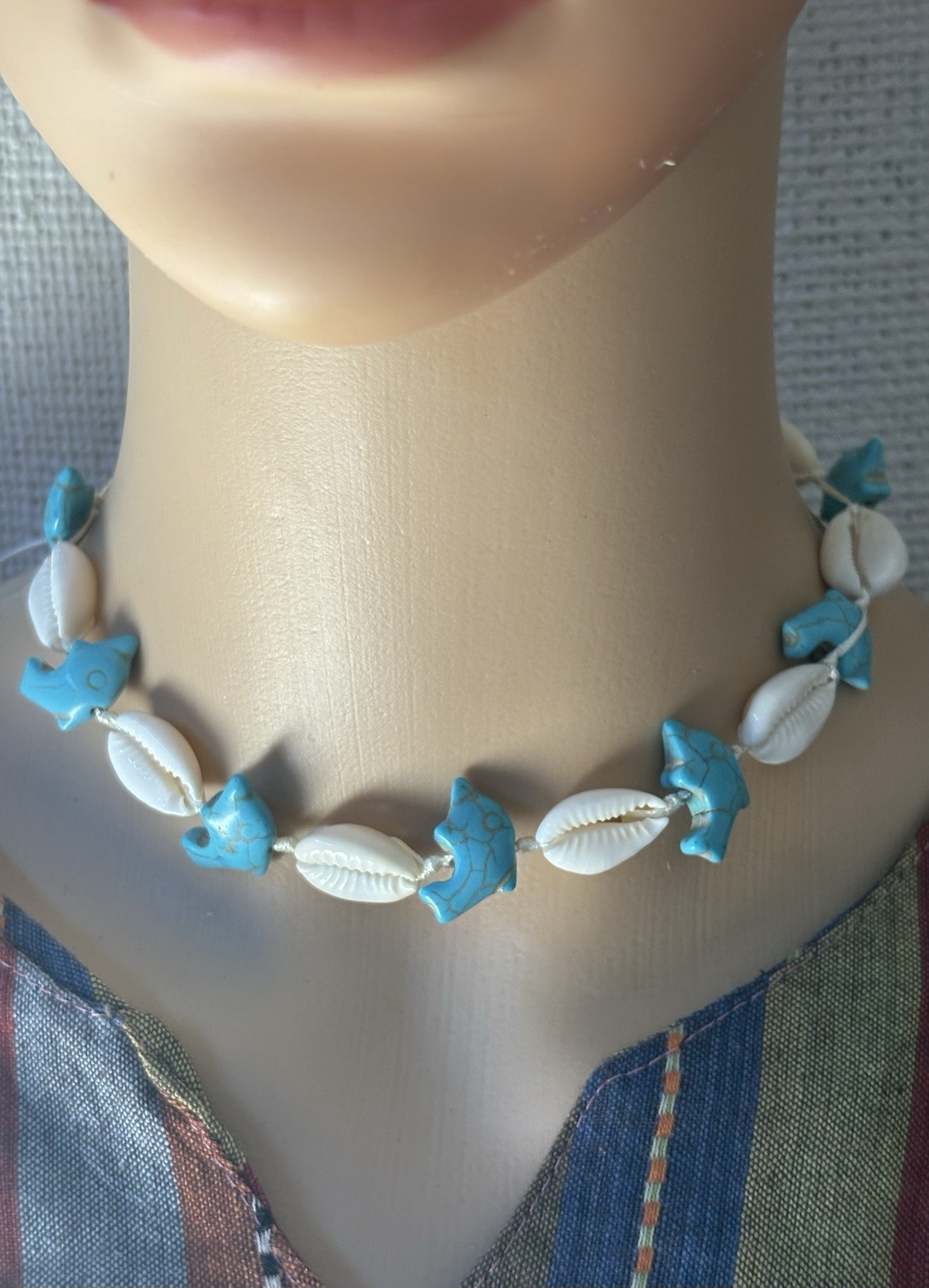 Blue White Shell Beaded Choker Necklace Cord Beach Theme Adjustable Tie