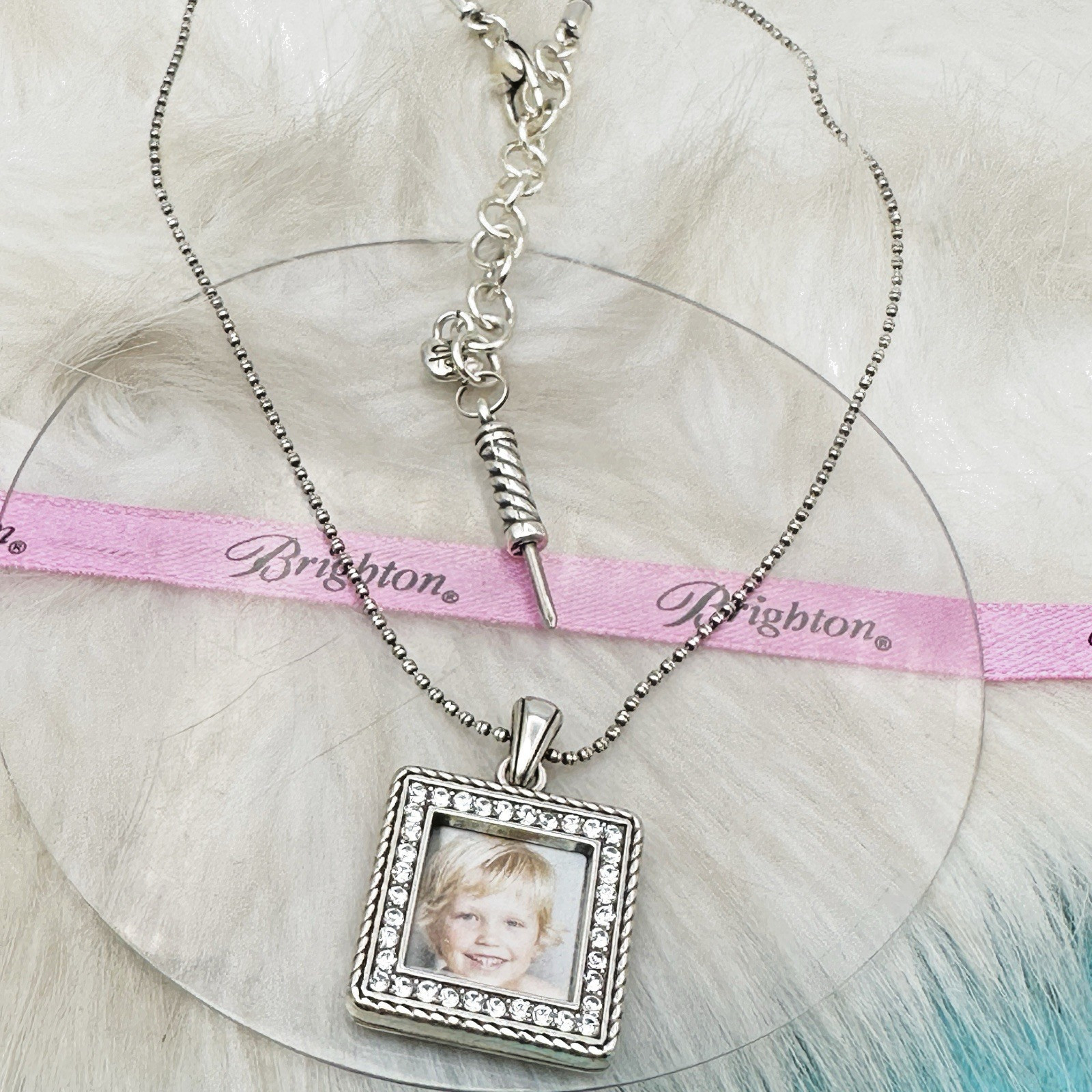 Brighton Momento Crystal Square Photo Locket Pendant Silver Plate Necklace