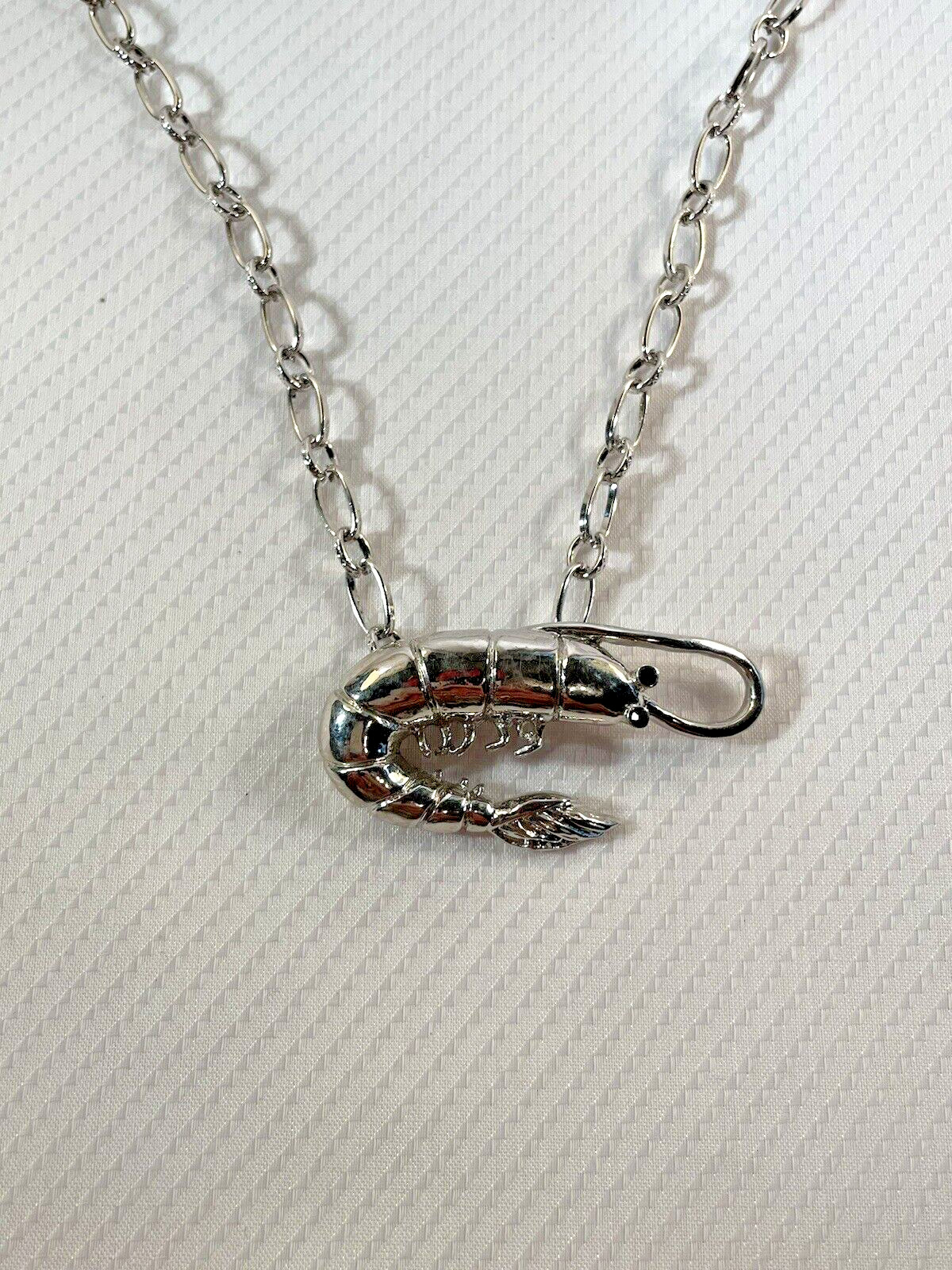 Shrimp Silver Long Necklace Stainless 30” Chain Coastal Sea Life Jewelry NEW
