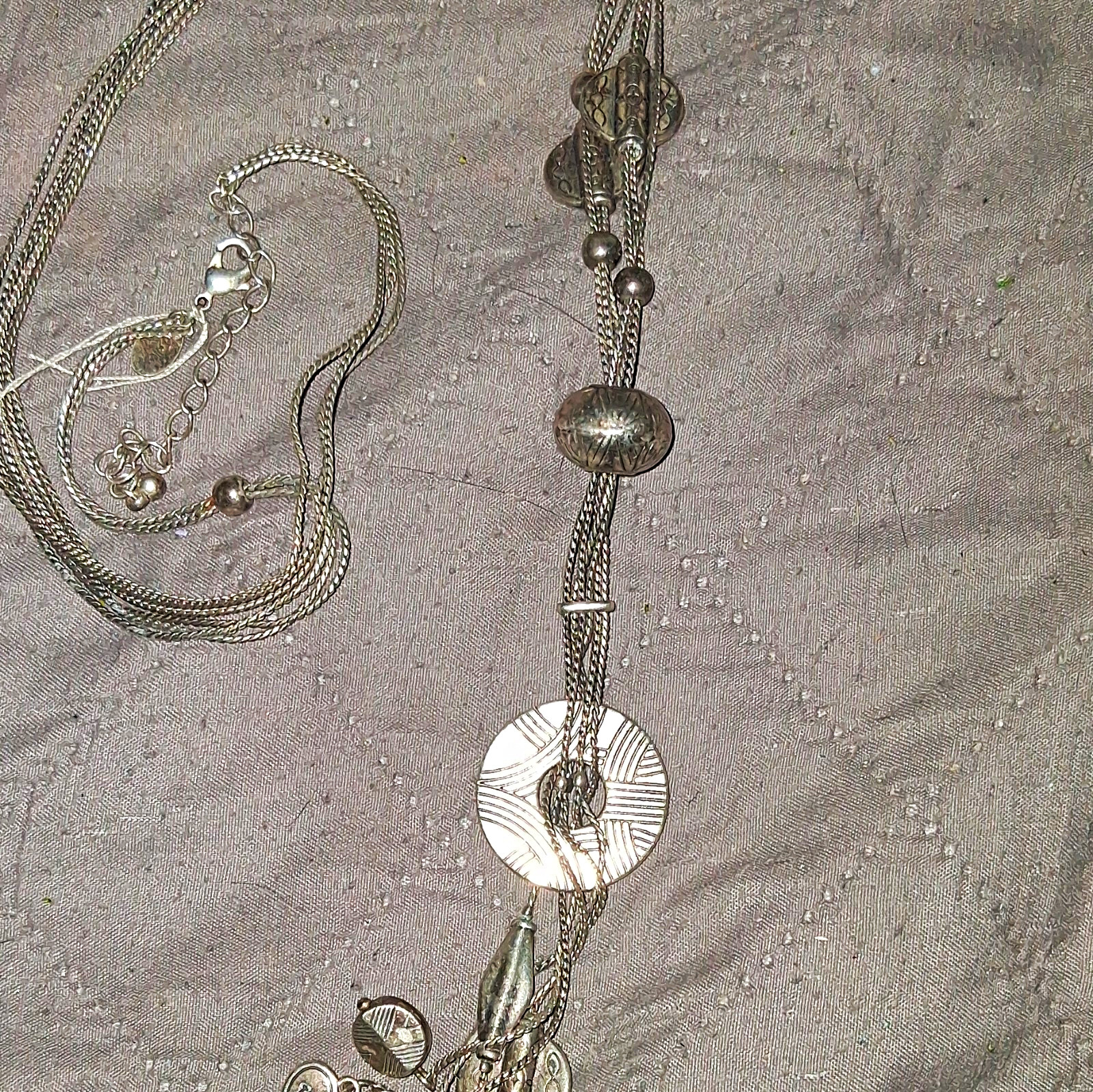 Silver Tone Multi-Strand Herringbone Necklace Heart/Disc Charms Adj