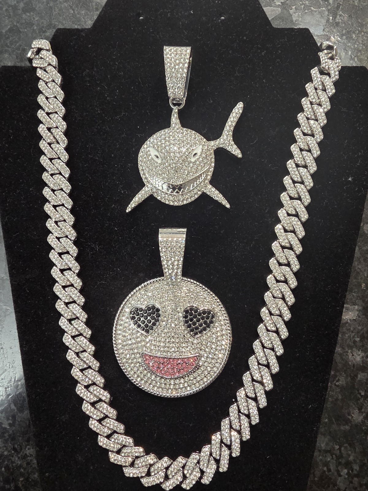 Iced Out Cuban Chain & 2 Pendants Set – Silver Plated with CZ Stones 24″×14mm