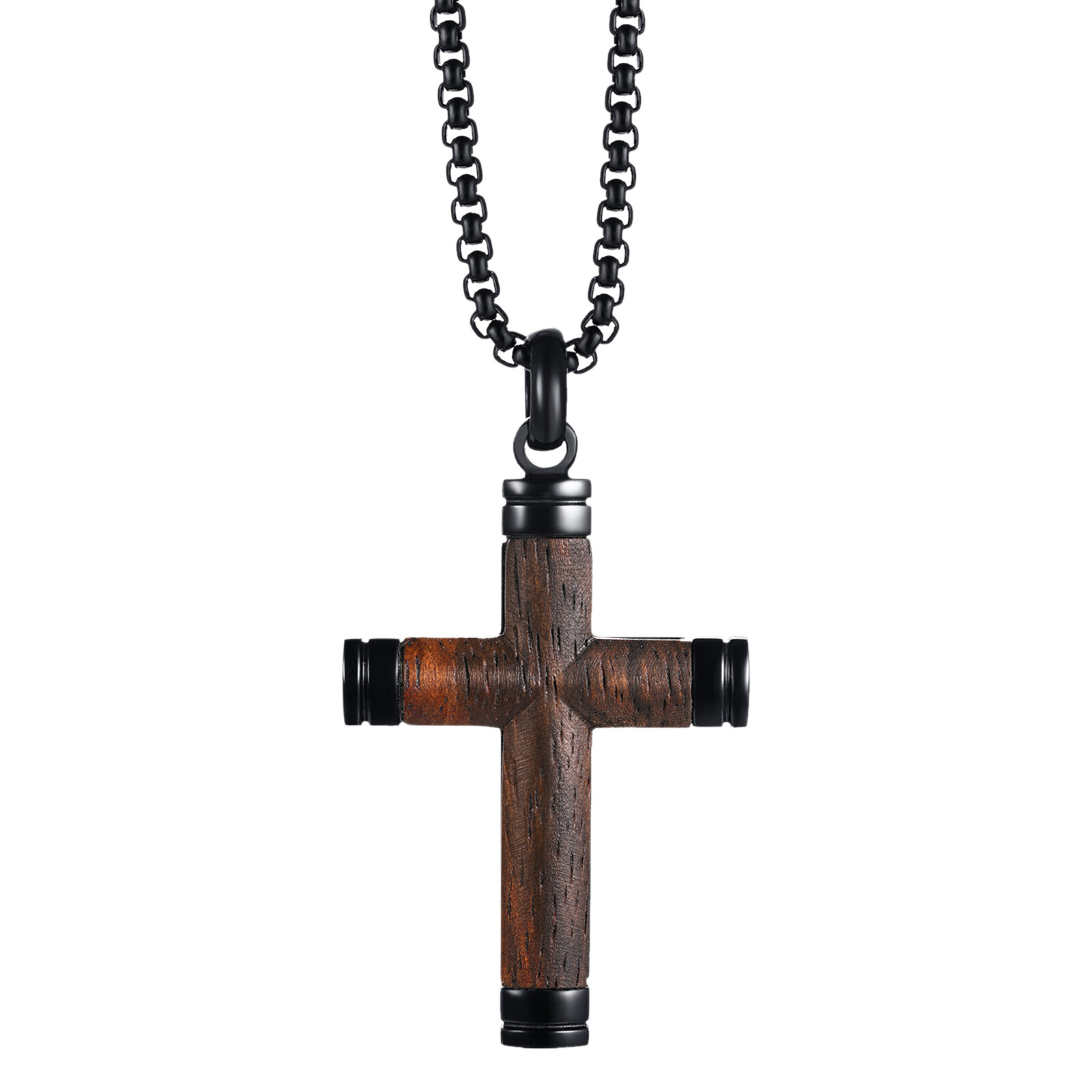 Cool Mens Boys Stainless Steel Natural Wood Cross Pendant Necklace Women Chain