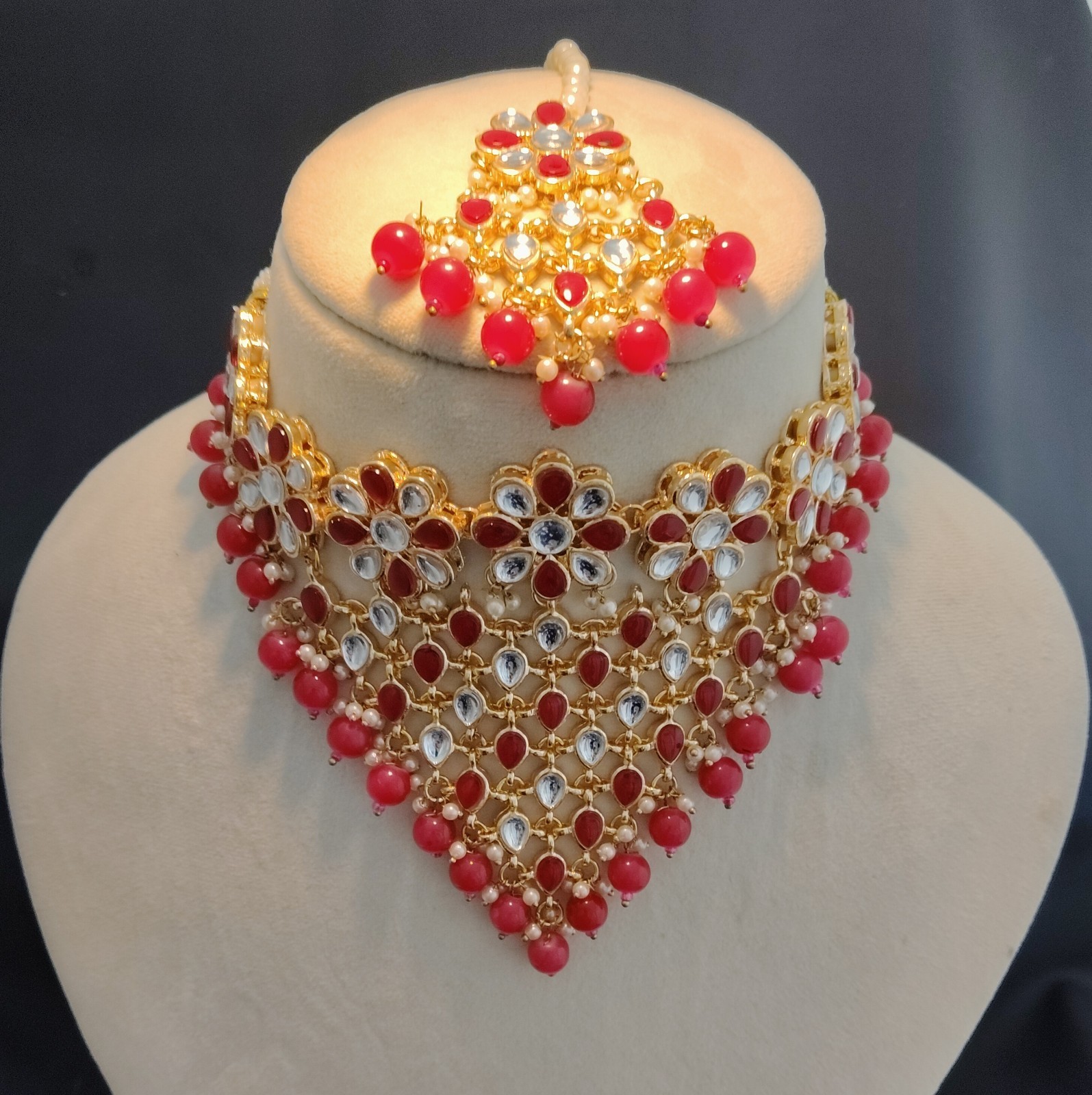 Aiza Red Kundan Floral Bridal Choker Set with Pink Bead Drops Roz Jewellers.