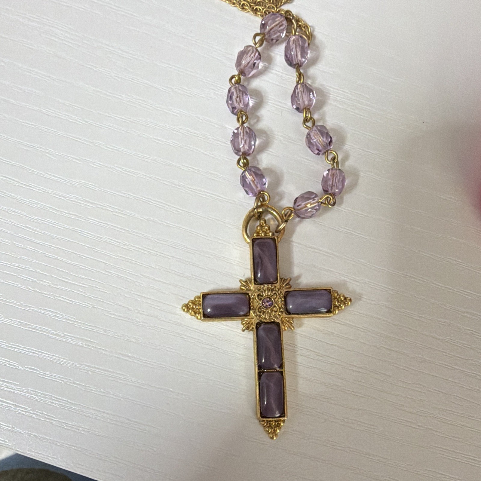 Gold Tone Rope Chain Necklace Purple Crystal Bead Cross Pendant Lobster