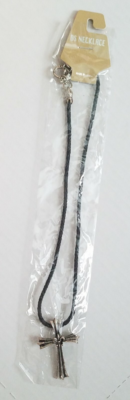 Cross Pendant & Necklace black braided-leather-rope style, metal clasp & cross