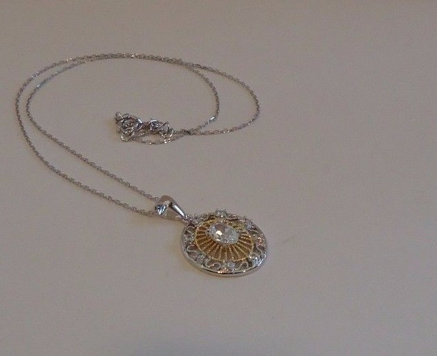 TWO TONE NECKLACE PENDANT W/ 1 CT LAB CREATED DIAMONDS 925 STERLING SILVER