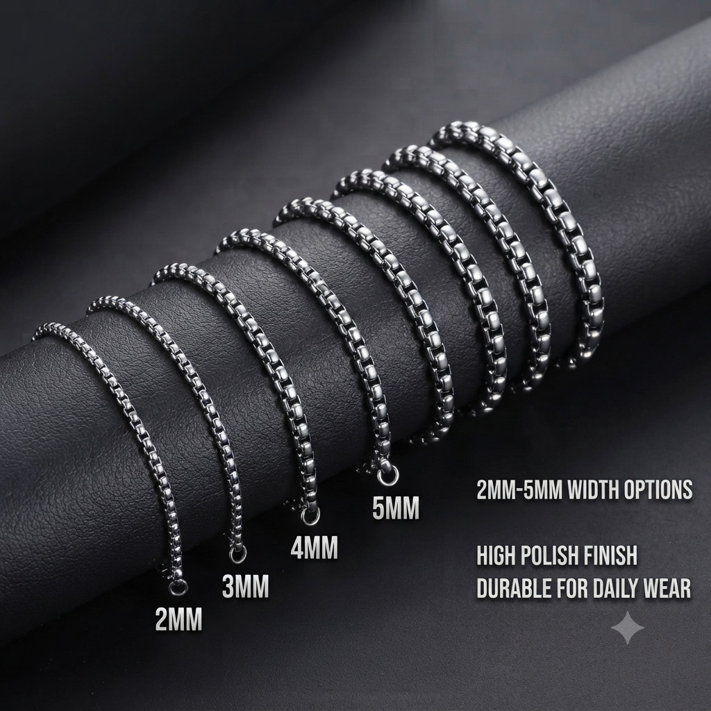 Stainless Steel with Square Rolo Link Chain box, Necklace for Women