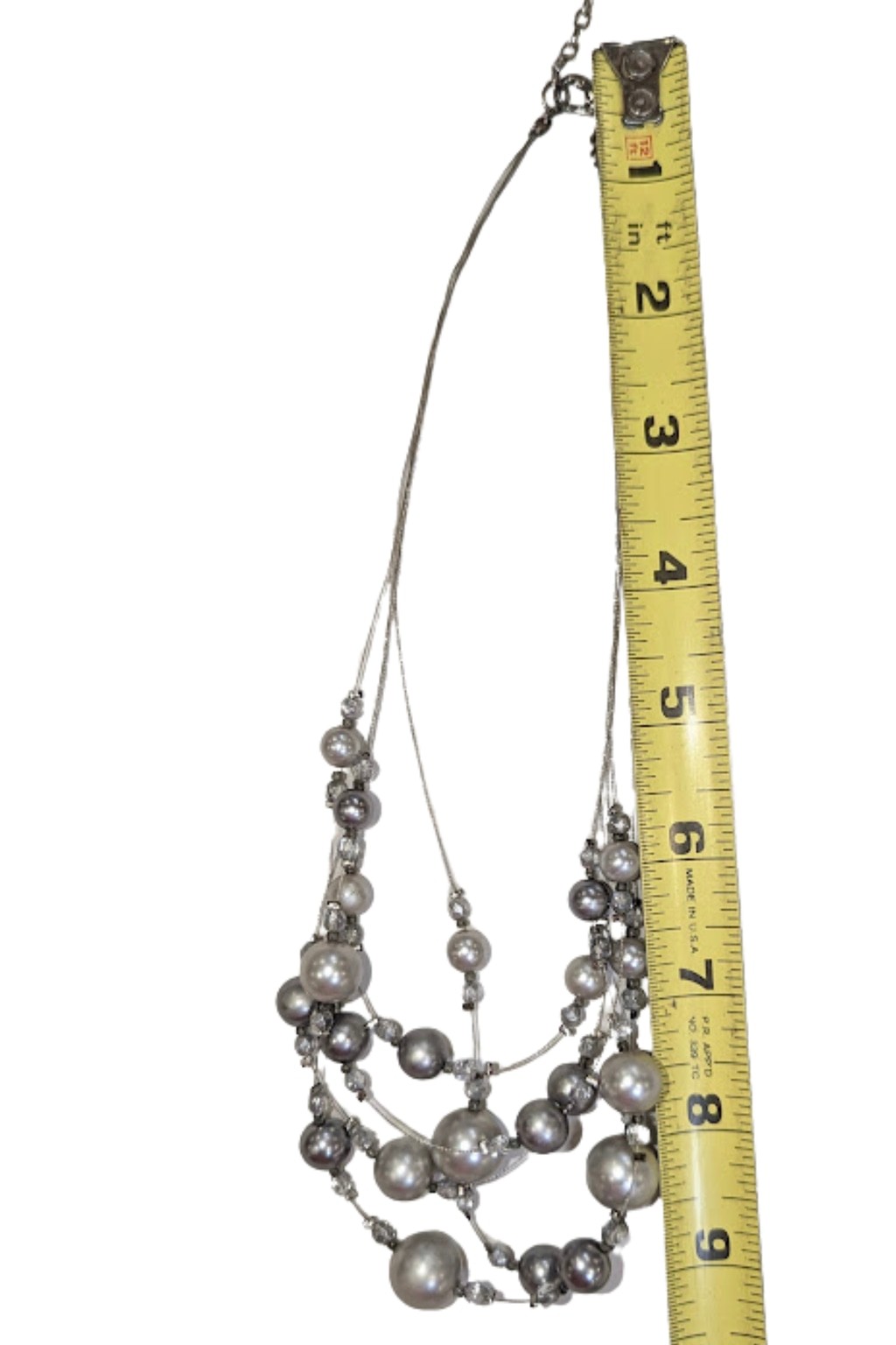 Gray Faux Pearl Crystal Layered Necklace Floating Strand Wedding Cocktail