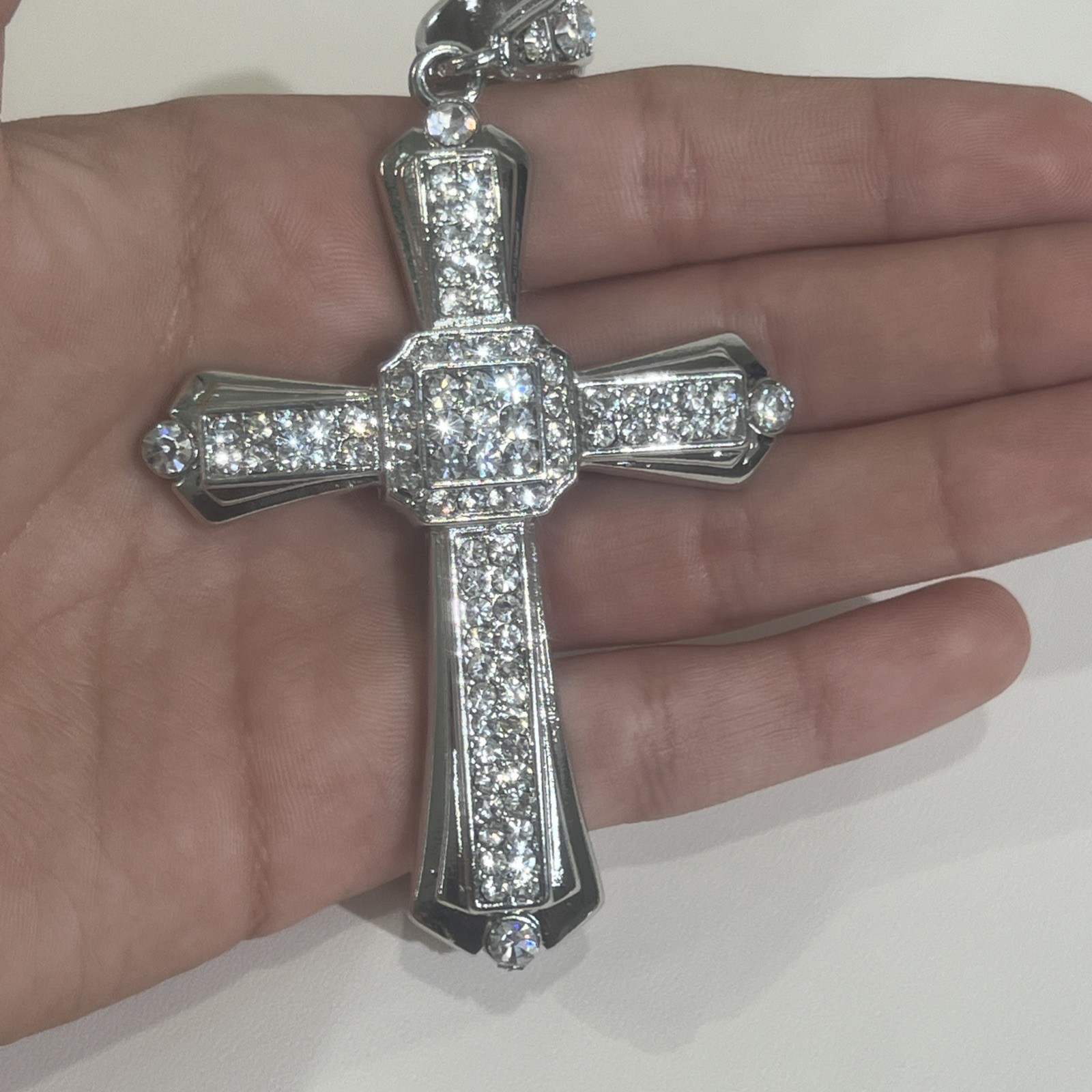 Stainless Steel Cross Pendant, White Cz Iced Out Hip-Hop Layered Bling Charm 19