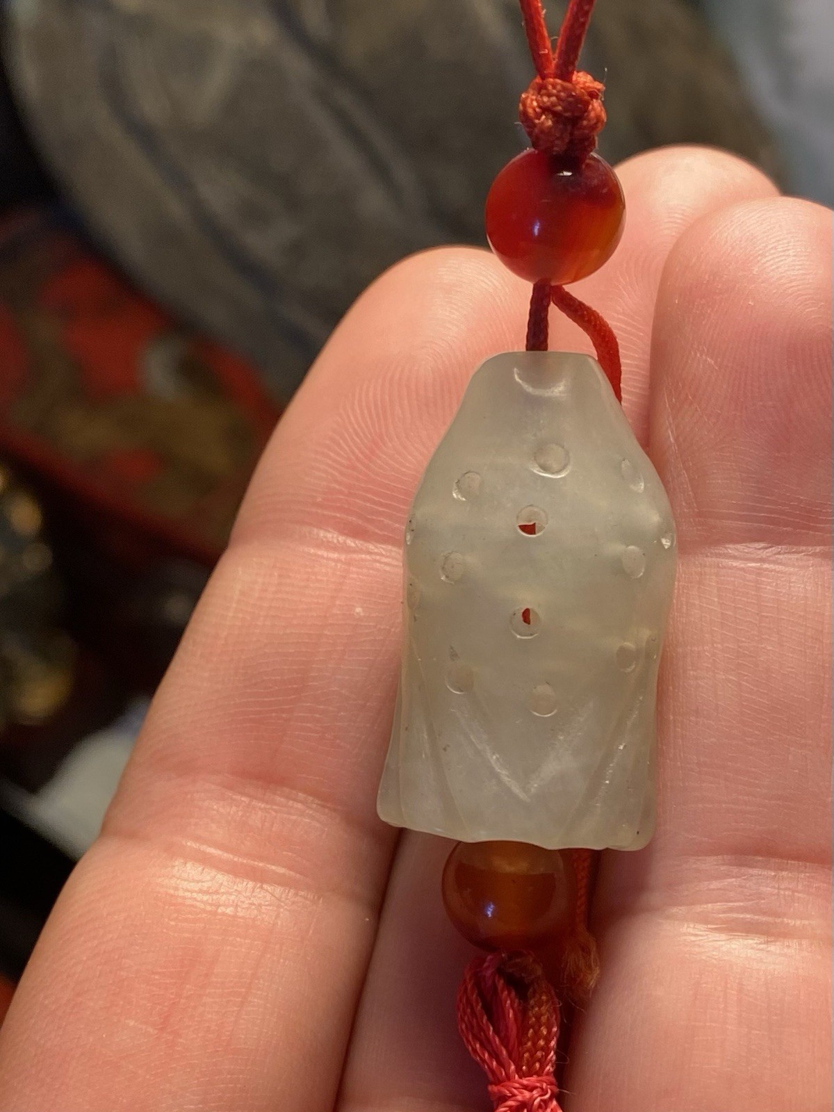 Adjustable Red Cord Carved White Jade Charm Pendant Necklace w/ Agate Beads