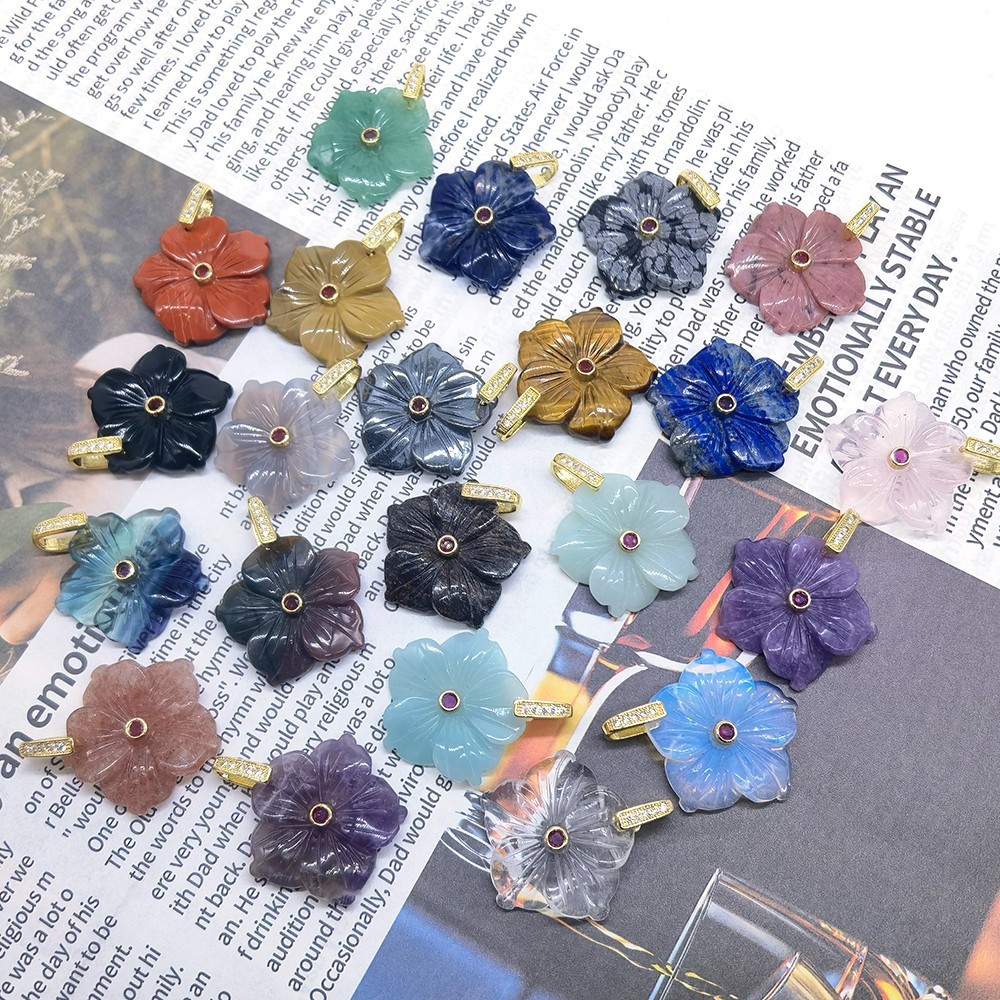 28mm Peach Blossom Flowers Shape Zircon Beads Pendant Natural Stone Crystal Gift