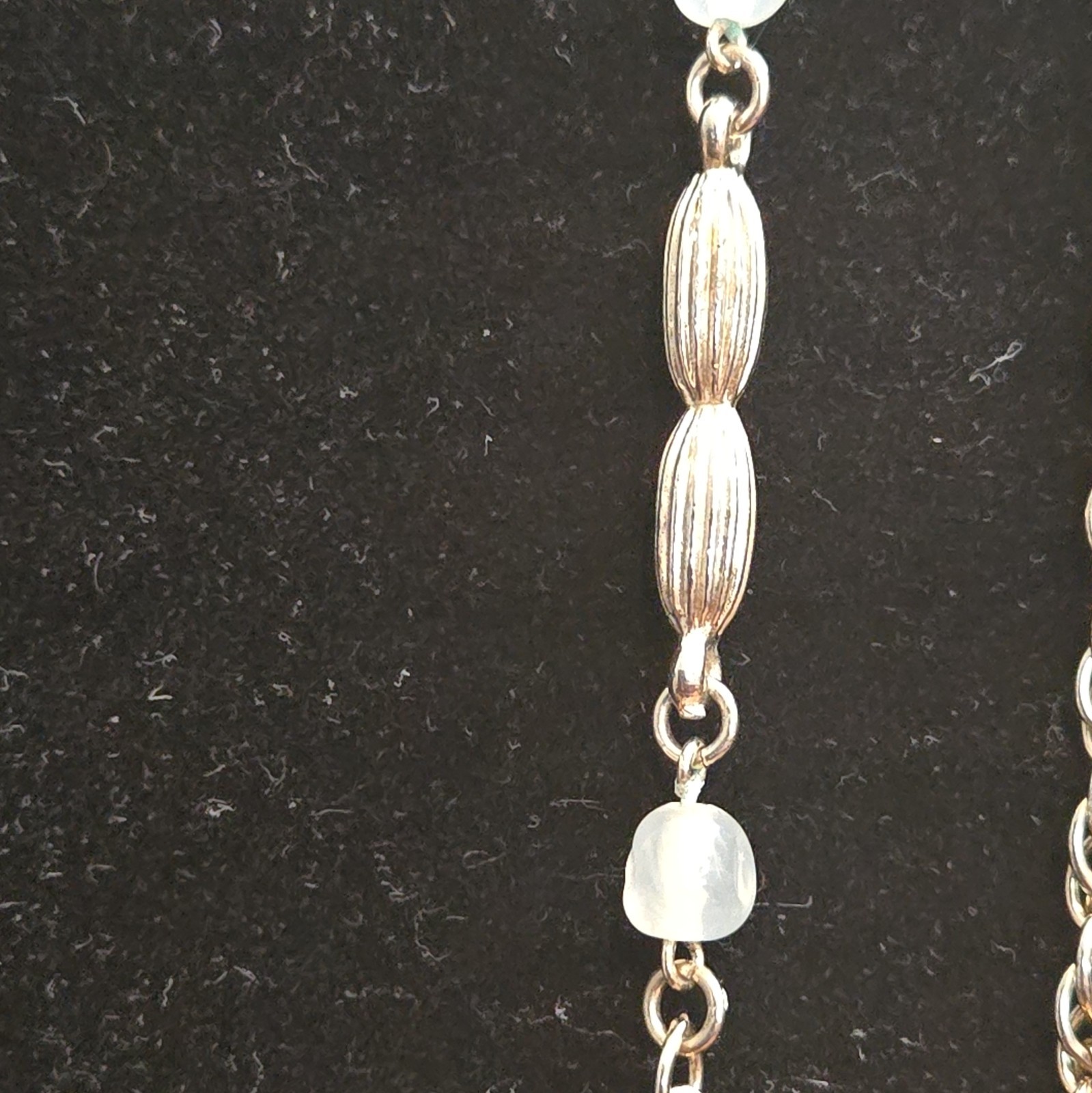 Pale Goldtone Rope Chain Station Necklace White Round Glass Beads 56 Total In.