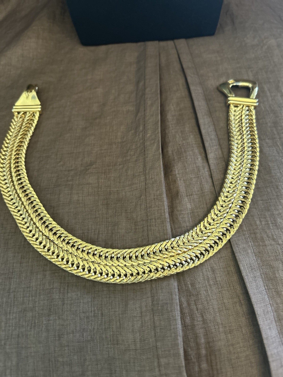 Gold Tone Herringbone Chain Collar Choker Necklace Hook Closure Signed