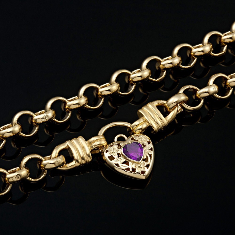 18K GL Thick Belcher Yellow Gold Necklace Filigree Heart Padlock Amethyst Purple