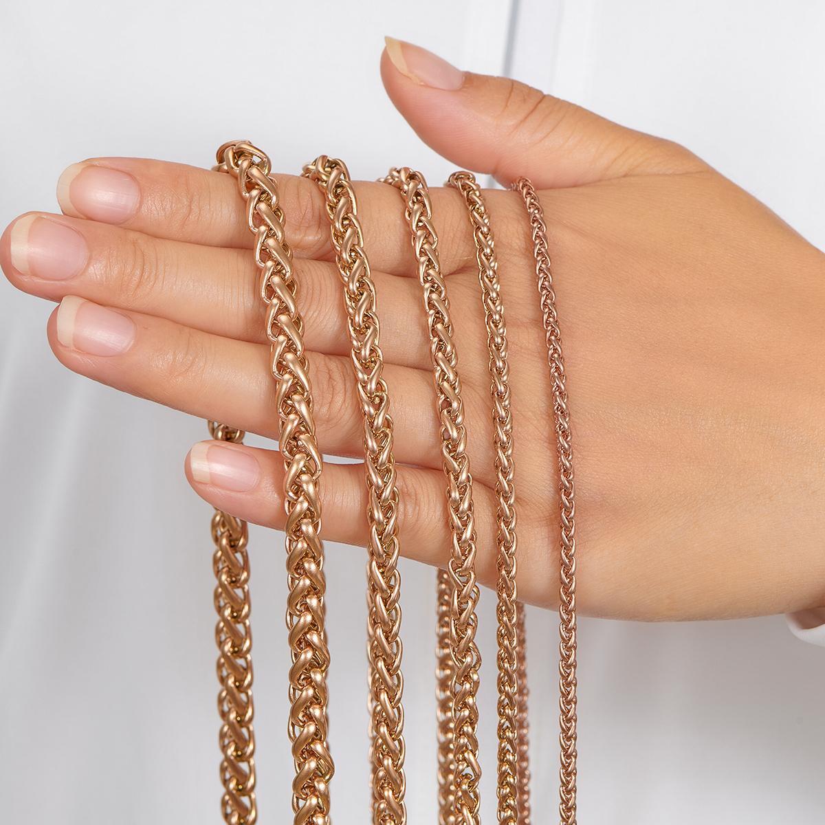 Braided Wheat Link 3-7mm Mens Chain Rose Gold Stainless Steel Necklace Gift