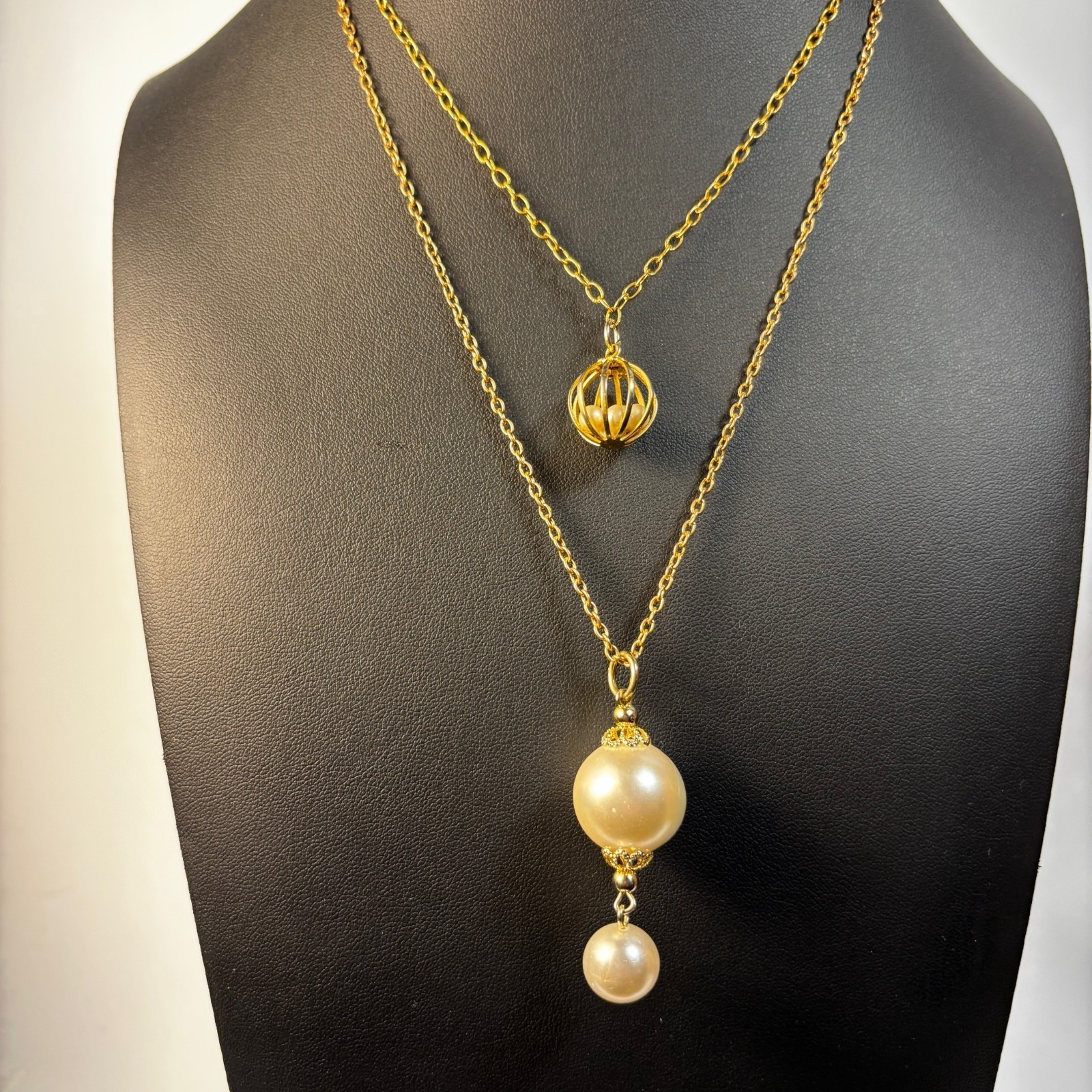Gold Tone Layered Faux Pearl Pendant Necklace Set Orb Birdcage Drop 18-20 In