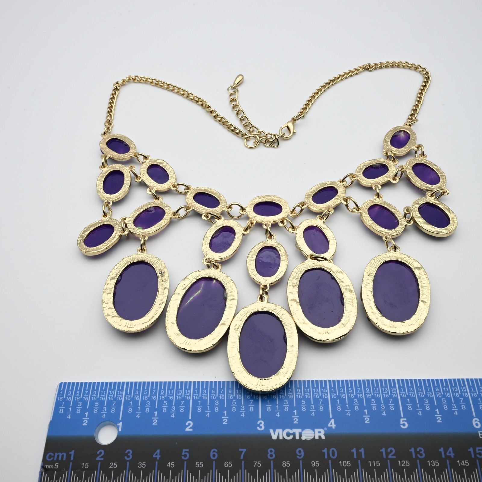 Iridescent Statement Bib Necklace Gold Tone Purple Green Foil Oval Drop Fringe