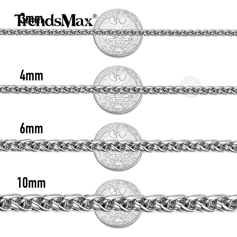 3/4/5MM Mens Silver Stainless Steel Necklace Wheat Braided Chain Link 18-28″
