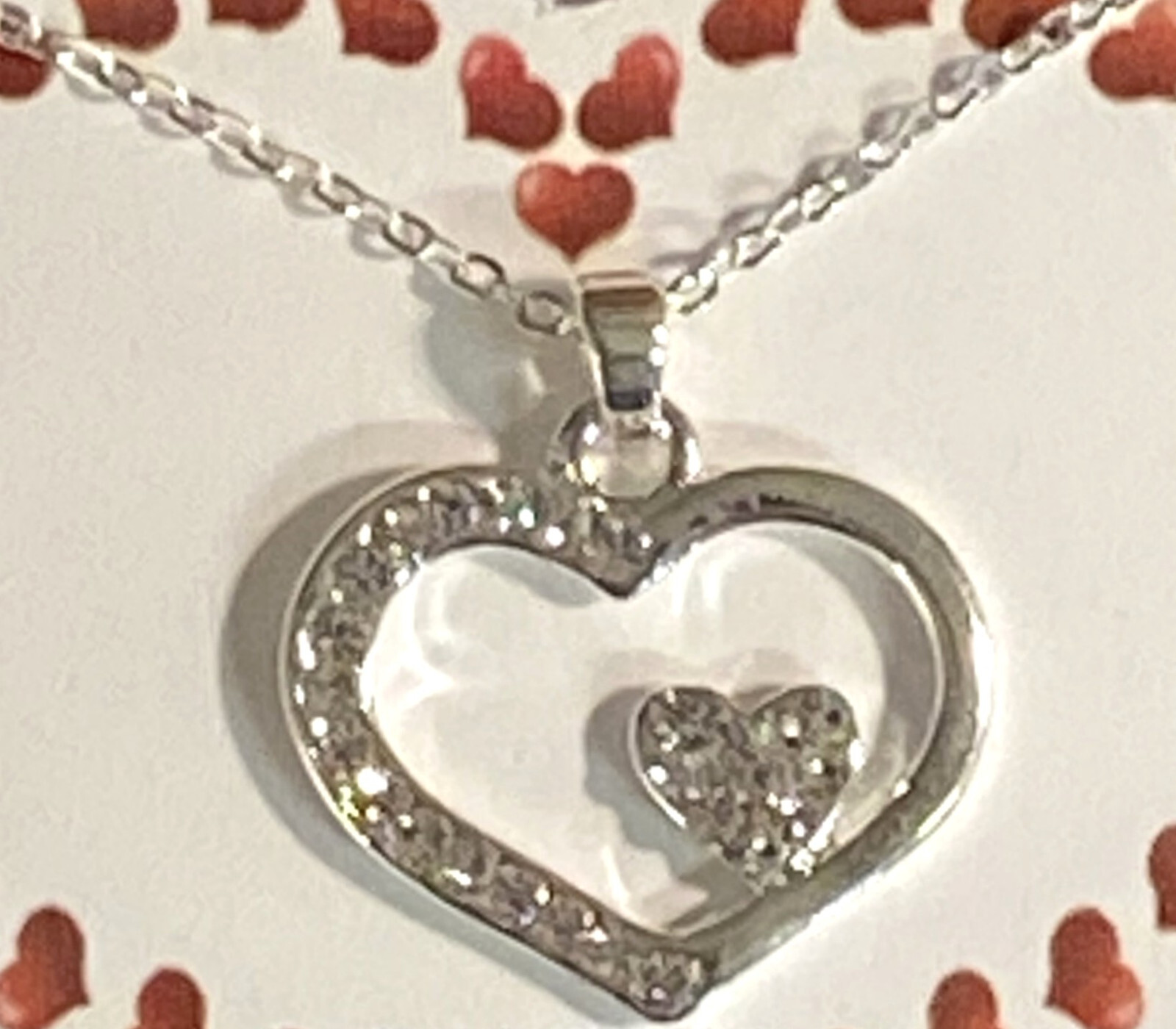 Heart Valentine 18-20 Adjustable Necklace With 26 Crystals in Silver Plate NEW