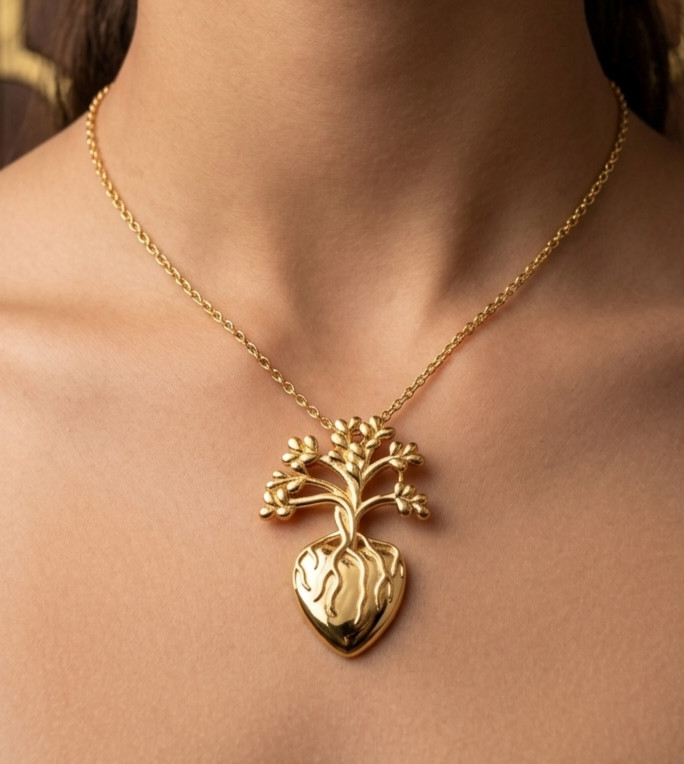 Brass Gold Plated Color Fancy Unique Heart Tree Design Comes With Chain