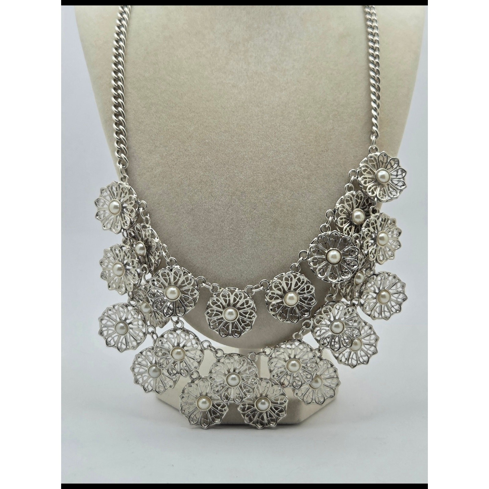Vintage Inspired Silver Filigree Flower Faux Pearl Bib Statement Necklace 22″