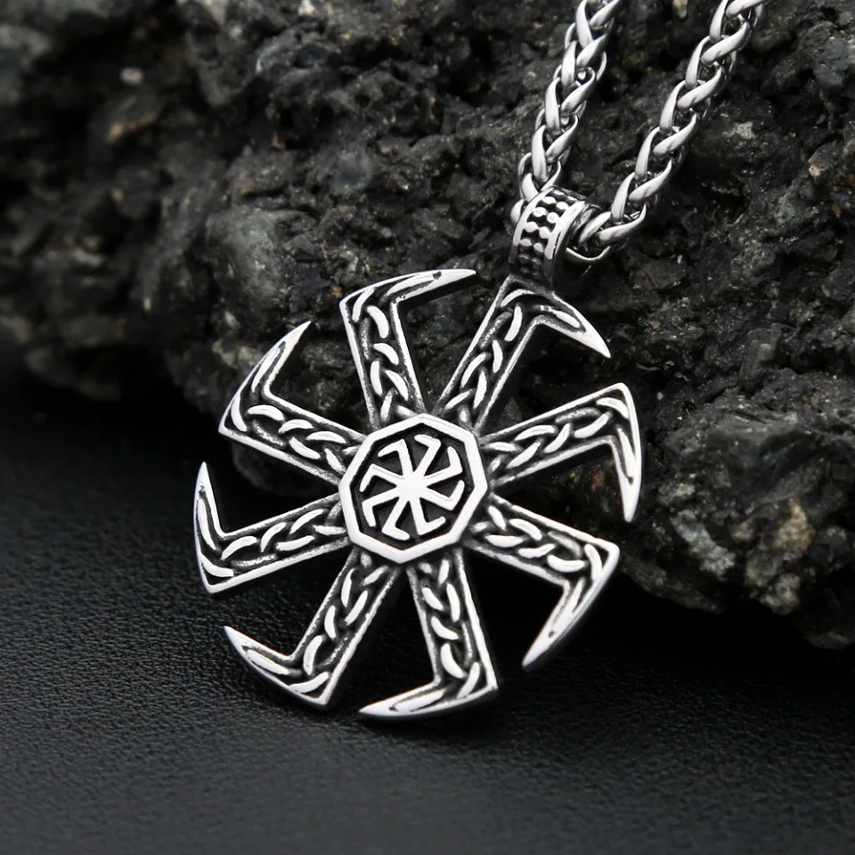 Vintage Stainless Steel Sun Wheel Symbol Pendant Necklace Retro Unisex Fashion J