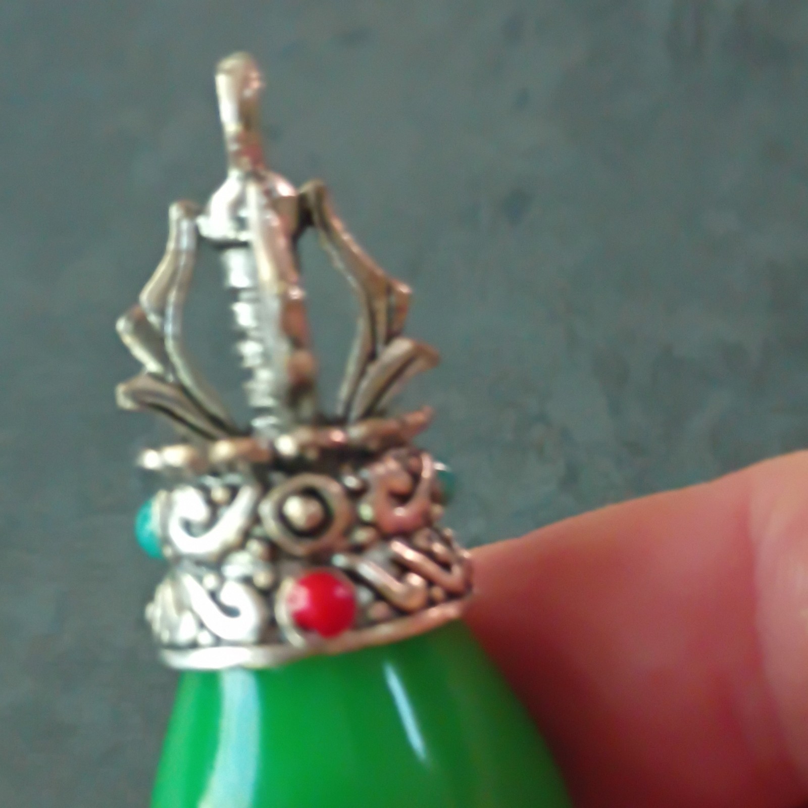 Green Jade Teardrop Charm Pendant Silver Tone Ornate Cap w/ Bail Loop