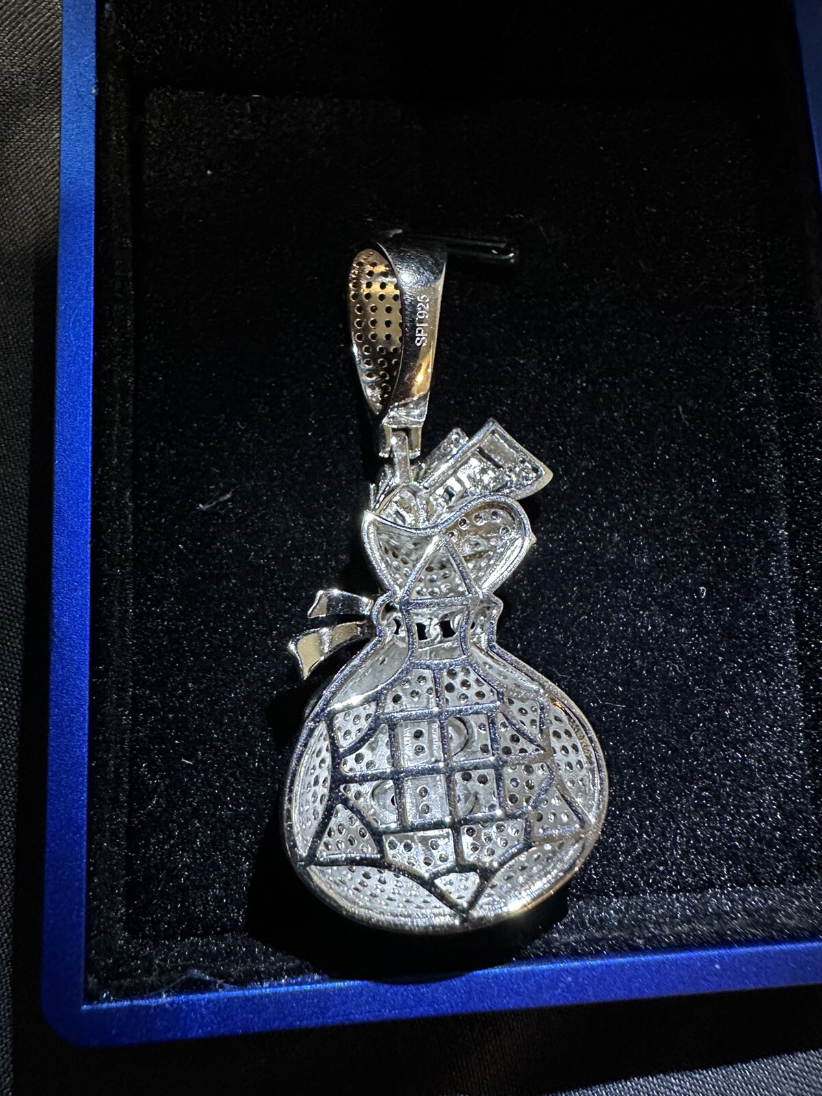 Real 925 Silver Money Bag CZ Piece Super Icy Pendant W Led Display Box
