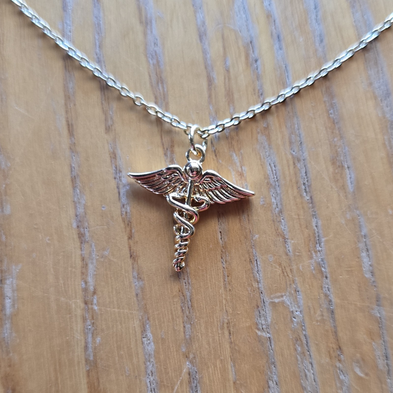 Gold Tone Medical Caduceus Charm Pendant Cable Chain Necklace Spring Ring