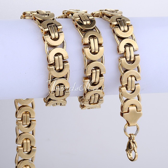 11mm Mens Boys Chain Gold Plated Flat Byzantine Stainless Steel Necklace 18-30″