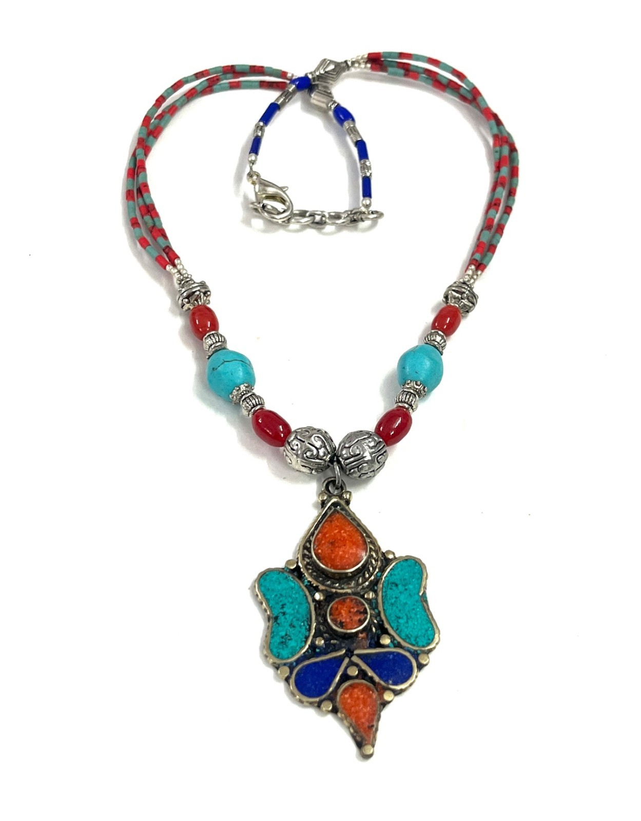 Nepalese Turquoise Coral Gemstone Tibetan Necklace Jewelry, 18 inch Adjus
