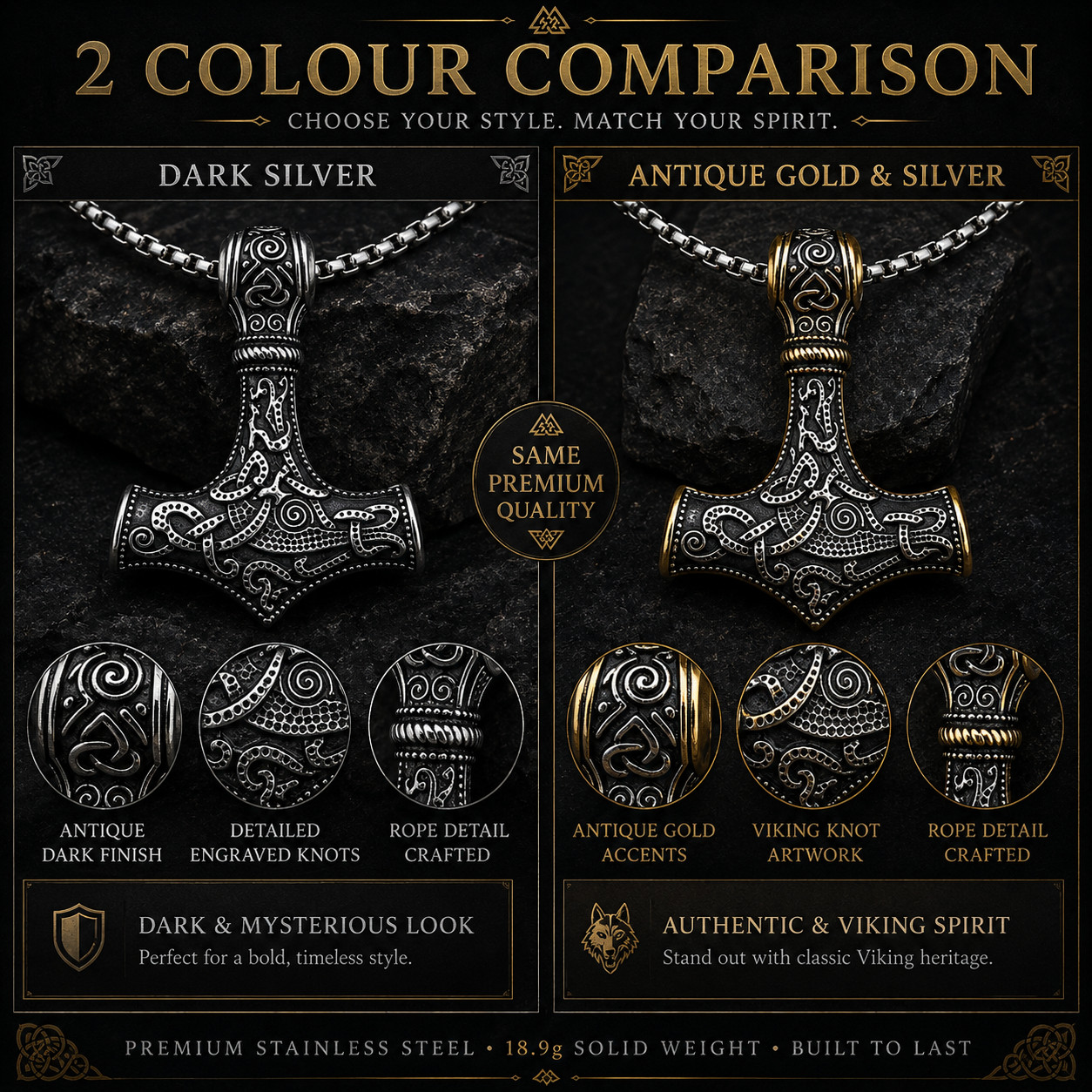 Norse Viking Mjolnir Hammer Pendant Necklace Antique Silver & Gold Celtic Chain