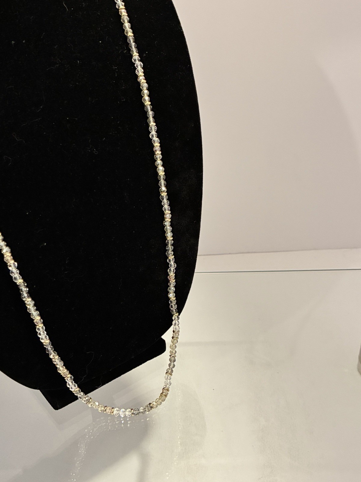 LOFT Long Beaded Necklace Gold Tone Faceted Clear Smoke Glass Crystal 34″ Opera
