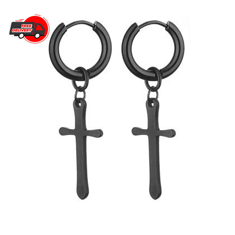 Punk Black Cross Stainless Steel Hoop Earrings for Women Men Fashion Vintage