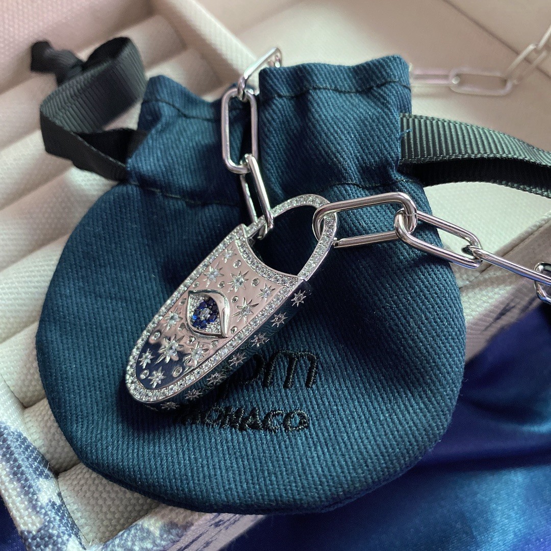 APM Monaco Evil Eye Crystal Padlock Chain Necklace Silver Tone Statement Jewelry